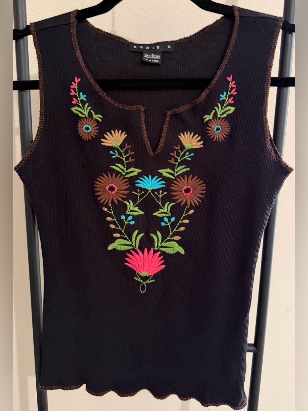 Roxie B Vintage Y2K Embroidered Floral Tank Top Women’s S Brown Boho 100% Cotton